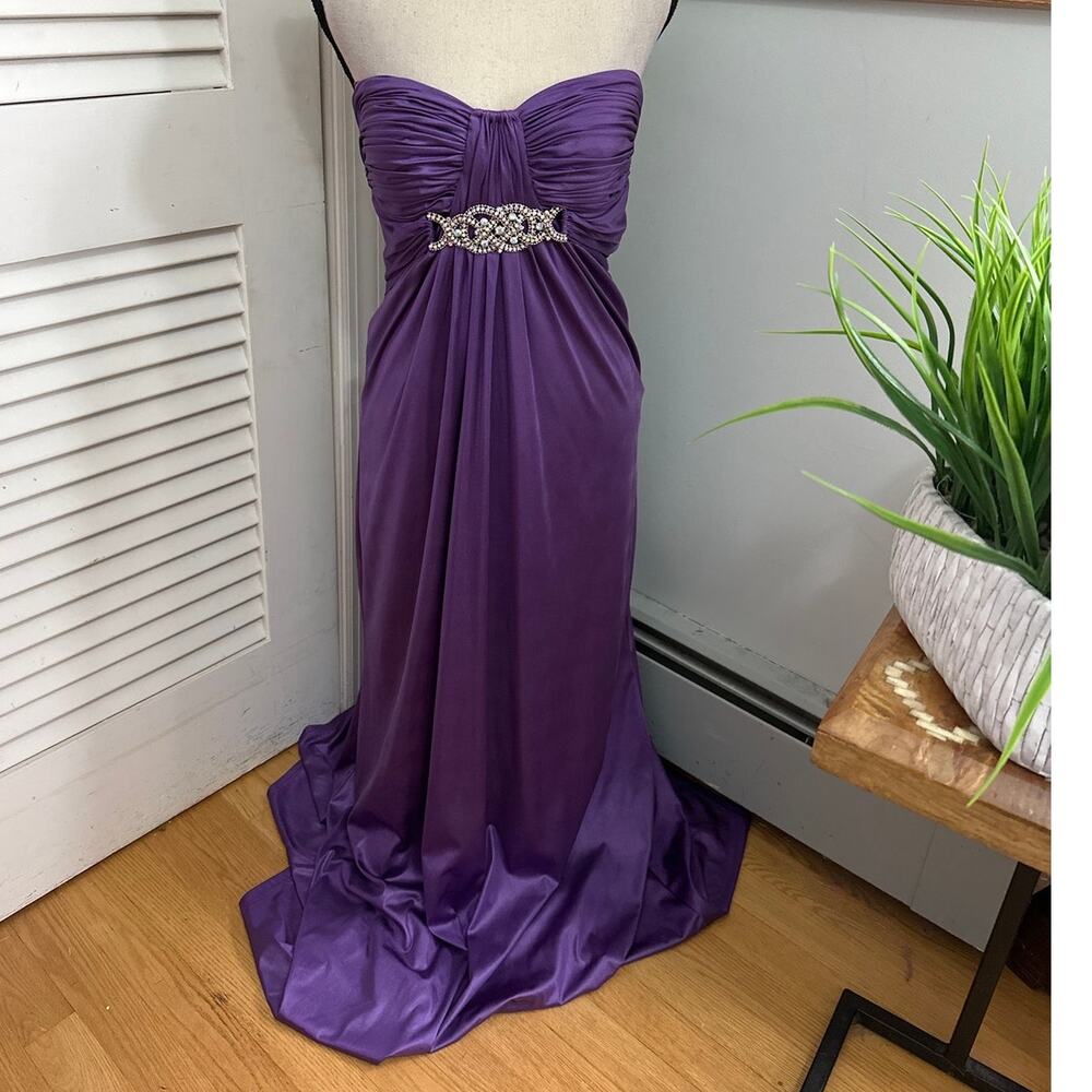 La Femme Dress Womens 10 Purple Strapless Rhinestone Ruched Formal HoCo Gala